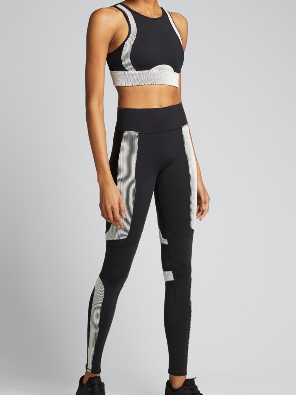 ALO SET Yoga Goddess Ribbed Trim Contrast Leggings Sports Bra Black White Small